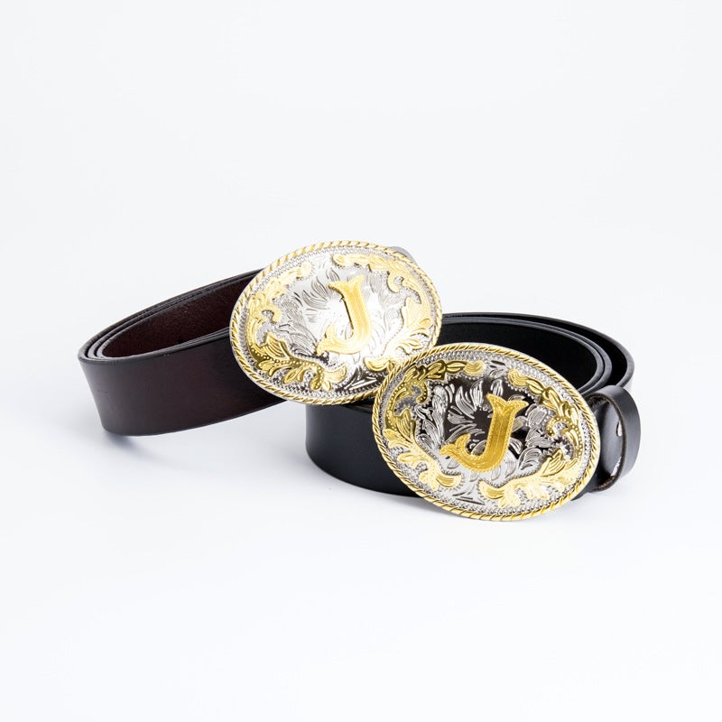Gold Men's Belt Made of Full-Grain Leather, Stylish Retro F Letter Belt with Buckle, 3.8cm Wide, Cross-Border E-Commerce - Image 4