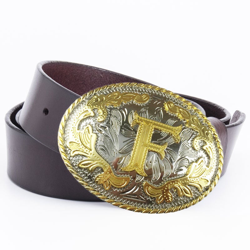 Gold Men's Belt Made of Full-Grain Leather, Stylish Retro F Letter Belt with Buckle, 3.8cm Wide, Cross-Border E-Commerce - Image 2