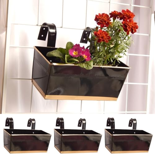 ecofynd 16 Inches Apollo Railing Planters for Balcony, Hanging Pots for Plants, Wall Hanging Decorative Planters for Vertical Garden, Pack of 3, (Black) - Image 1