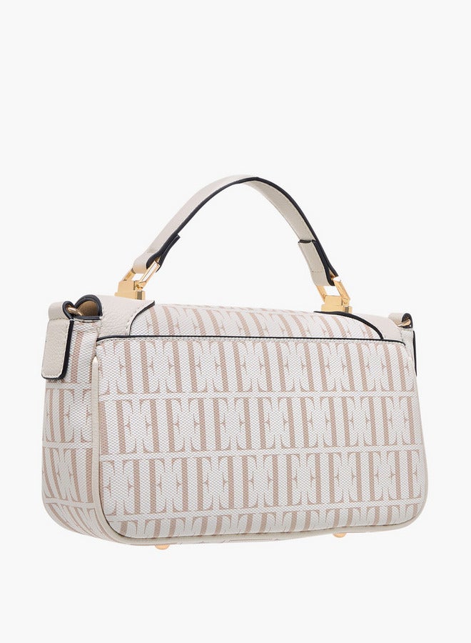 ELLE Women's All-Over Monogram Print Satchel Bag with Detachable Strap and Flap Closure - Image 3