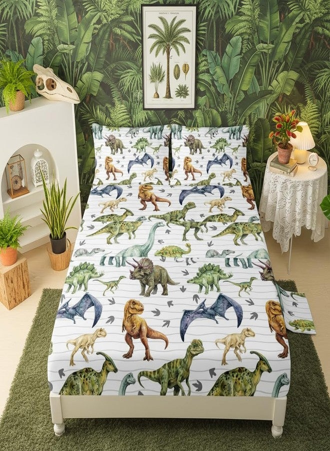 QOOMO Dinosaur 4 Piece Kids Sheet Full Size,Jurassic Dinosaur Bedding Sheet Set,Boys Printed Flat Sheet Fitted Sheet with 16" Deep Pocket,100% Microfiber Ultra Soft and Skin Friendly - Image 1
