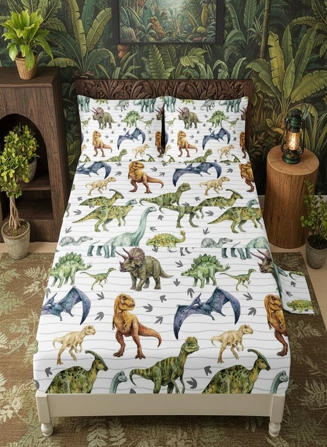 QOOMO Dinosaur 4 Piece Kids Sheet Full Size,Jurassic Dinosaur Bedding Sheet Set,Boys Printed Flat Sheet Fitted Sheet with 16" Deep Pocket,100% Microfiber Ultra Soft and Skin Friendly - Image 2