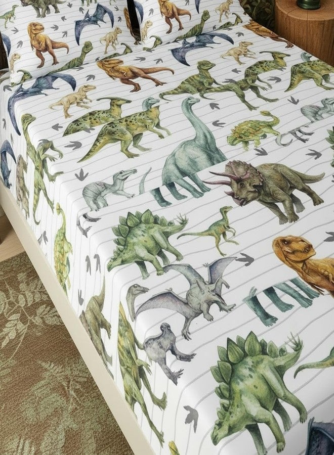 QOOMO Dinosaur 4 Piece Kids Sheet Full Size,Jurassic Dinosaur Bedding Sheet Set,Boys Printed Flat Sheet Fitted Sheet with 16" Deep Pocket,100% Microfiber Ultra Soft and Skin Friendly - Image 4