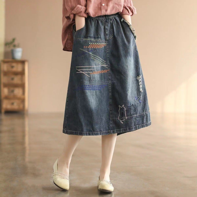 Artistic Ethnic Style Embroidered Patch Ripped Denim Skirt Womens Loose Slimming Mid-Length Skirt 2022 Blue-Skirt