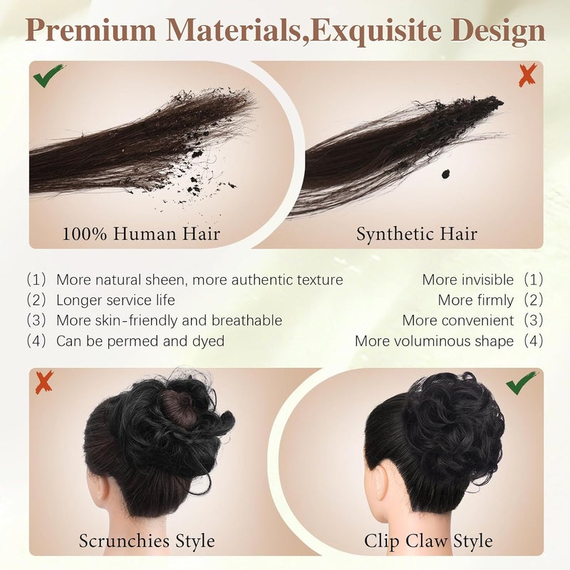 SOFEIYAN Claw Clip Messy Bun 100% Human Hair Buns Curly Hairpieces with Clip Real Hair Chignon Tousled Updo Scrunchie Hairpiece with Clips Hair Accessories for Women-Natural Black - Image 3