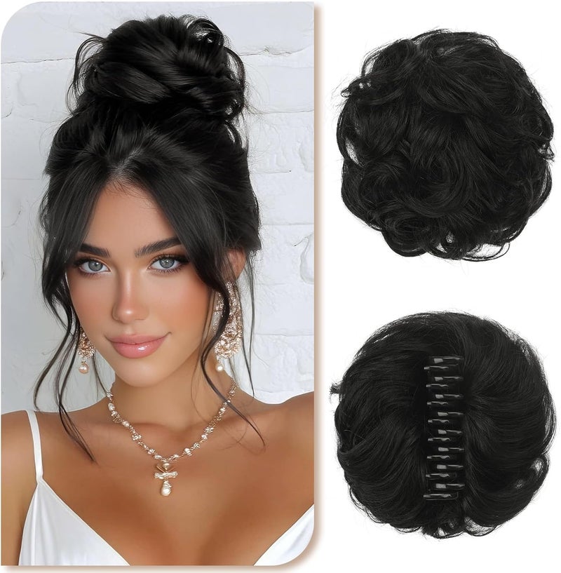 SOFEIYAN Claw Clip Messy Bun 100% Human Hair Buns Curly Hairpieces with Clip Real Hair Chignon Tousled Updo Scrunchie Hairpiece with Clips Hair Accessories for Women-Natural Black - Image 1