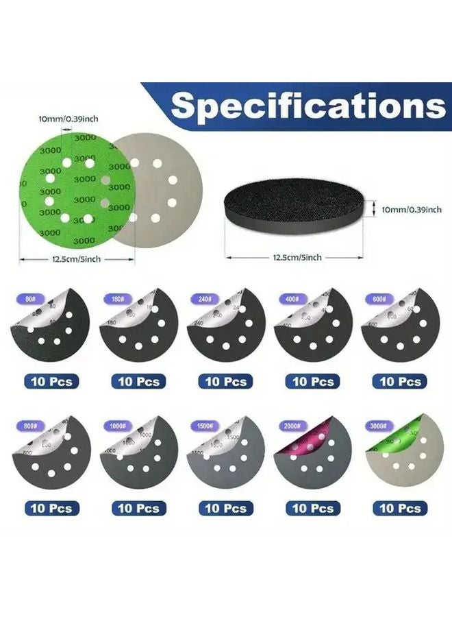 100Pcs 5 Inch 8 Hole Grinding Discs Wet Dry Sandpaper 80 180 240 400 600 800 1000 1500 2000 3000 Grit - Image 3