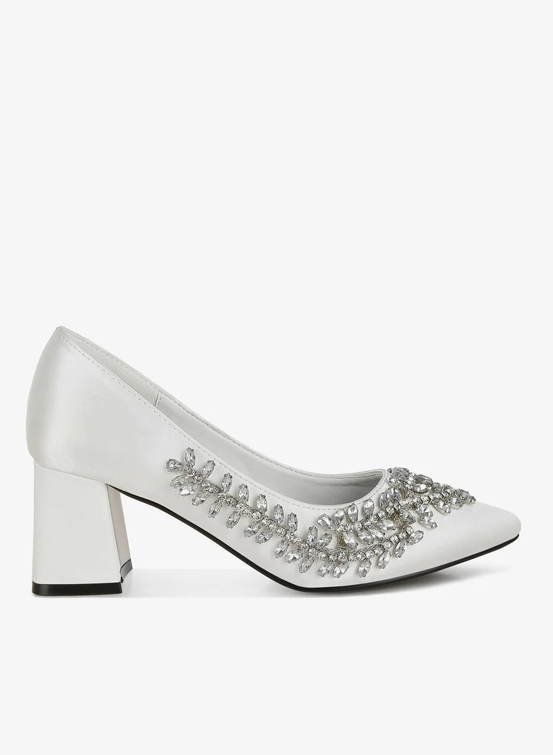 Satin Diamante Embellished Pumps in White