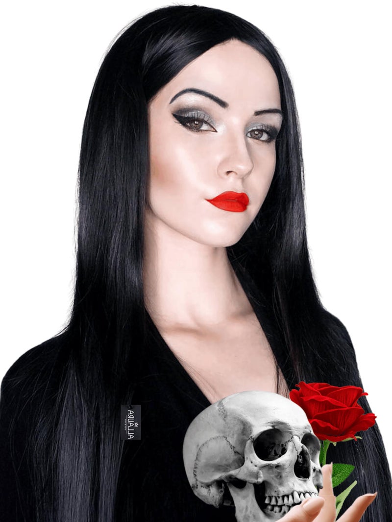 ALLAURA Compatible with Morticia Wig 32 Long Straight Black Wig for Women Ideal for Cher Costume Witch Look 70s Disco Halloween Morticia Addams Cosplay Glam Party Retro or Gothic Outfits