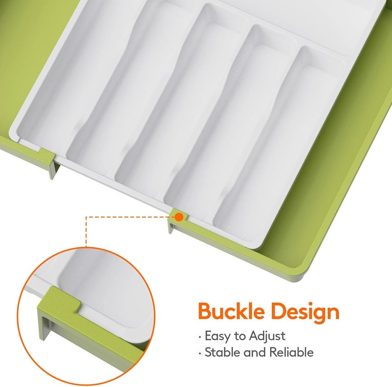Lifewit Silverware Drawer Organizer, Expandable Utensil Tray for Kitchen, BPA Free Flatware and Cutlery Holder, Adjustable Plastic Storage for Spoons Forks Knives, 13-22 x 15", Green&White - Image 4