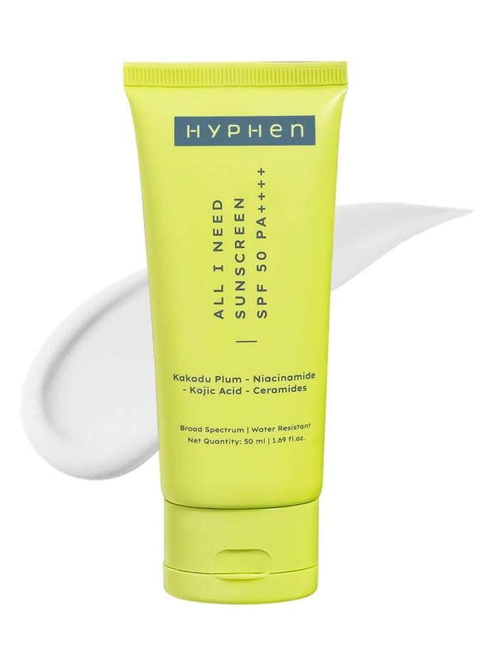 HYPHEN All I Need Sunscreen SPF 50 PA ++++ | Lightweight Sun Cream That Moisturizes & Leaves No White Cast | UVA & UVB Sun Protection & Blue Light Protection | Niacinamide, Ceramide Mineral Sunscreen SPF 50 for Women and Men | Rich in Anti-Oxidants | Korean Sunscreen for Dry, Oily, All Skin Types | 50ml - Image 1