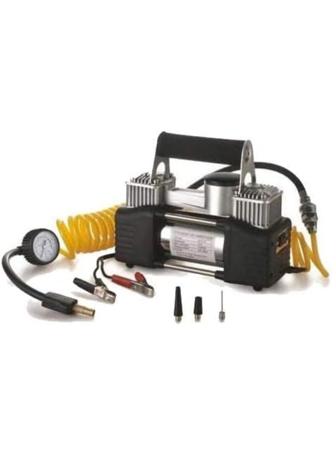 Heavy-duty 2-piston travel air compressor, fast tire inflator with integrated tool bag, 12V portable air pump for emergencies and road trips - Image 2
