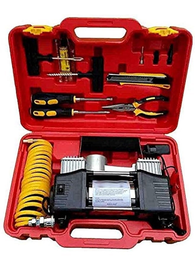 Heavy-duty 2-piston travel air compressor, fast tire inflator with integrated tool bag, 12V portable air pump for emergencies and road trips - Image 1