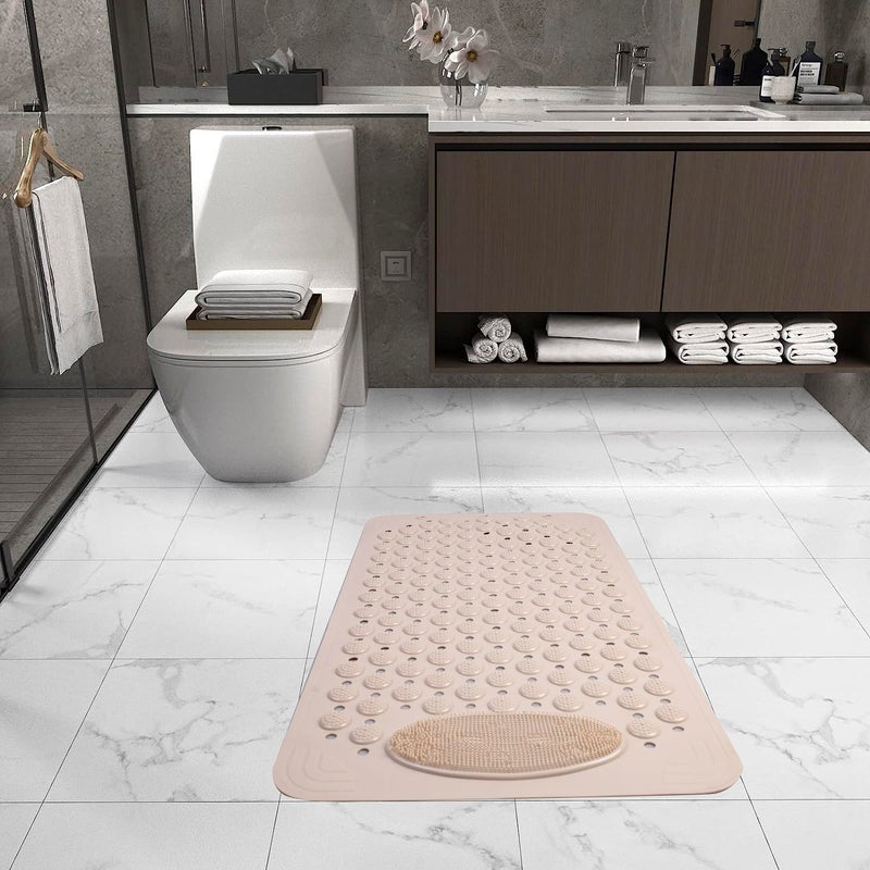 HaRvic HaRvic Anti Skid Bath mat with Foot Scrubber for Bath Room Shower mat with Suction Cups Drain Holes Silicone Floor mat for Kids Adults Beige  - Image 2