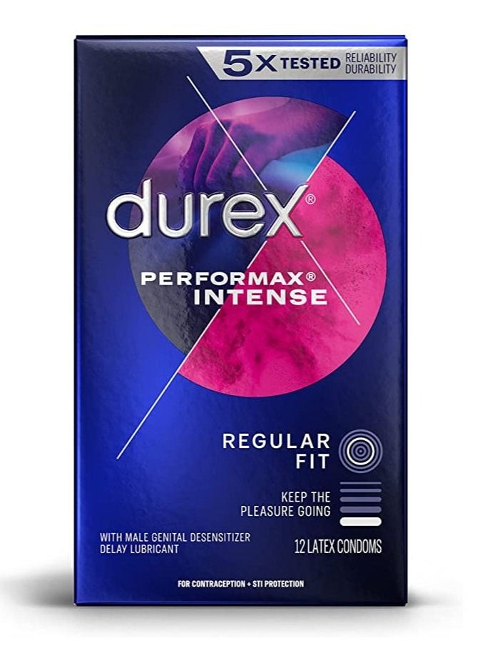 Excellence - Durex  Performax Intense Natural Rubber Latex Condoms, Regular Fit 12 Count Contains Desensitizing Lube for Men, Packaging May Vary - Image 1