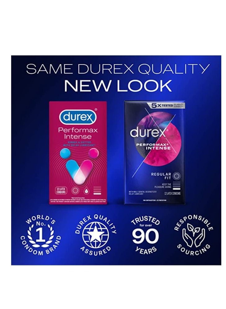 Excellence - Durex  Performax Intense Natural Rubber Latex Condoms, Regular Fit 12 Count Contains Desensitizing Lube for Men, Packaging May Vary - Image 1