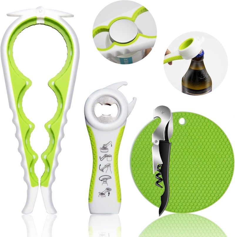 HUMANFUN Jar Opener for Weak Hands, Seniors with Arthritis, 5 in 1 Multi Function Bottle Opener Lid Opener For Arthritic Hands with Non Slip Rubber Jar opener Gripper Pad and Corkscrew Wine Opener(GREEN) - Image 1