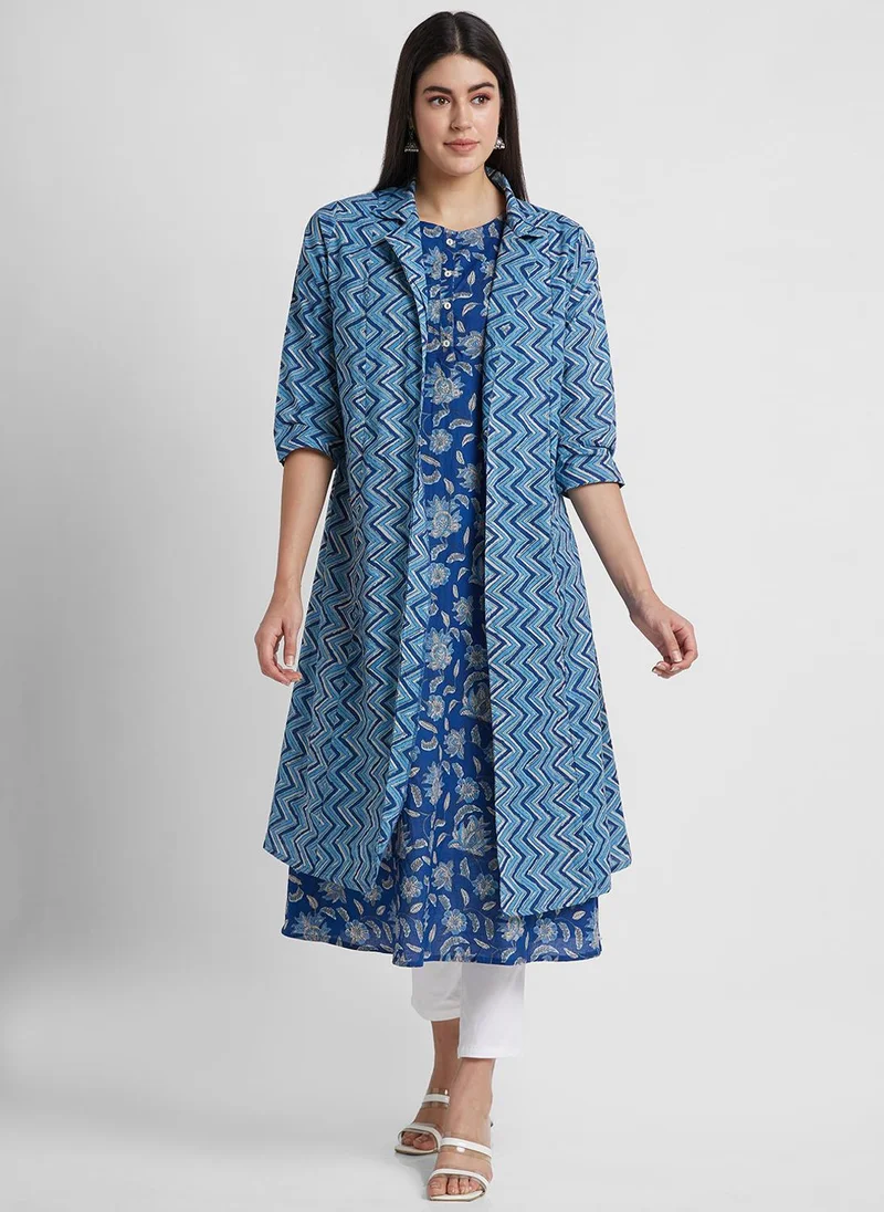 Globus Women Sleeveless Floral Printed A-Line Kurta With Jacket