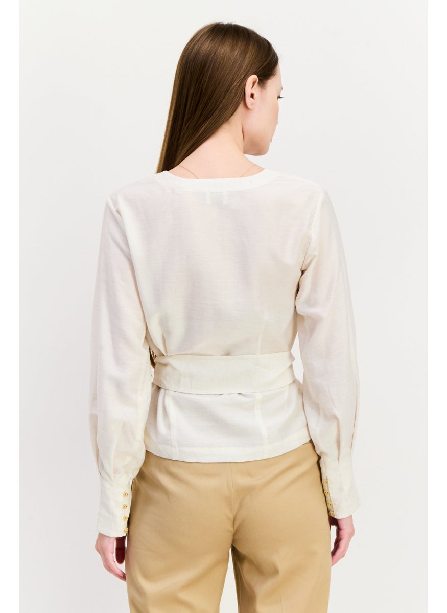 Scotch & Soda - Women V Neck Long Sleeve Textured Shirt, Beige - Image 1