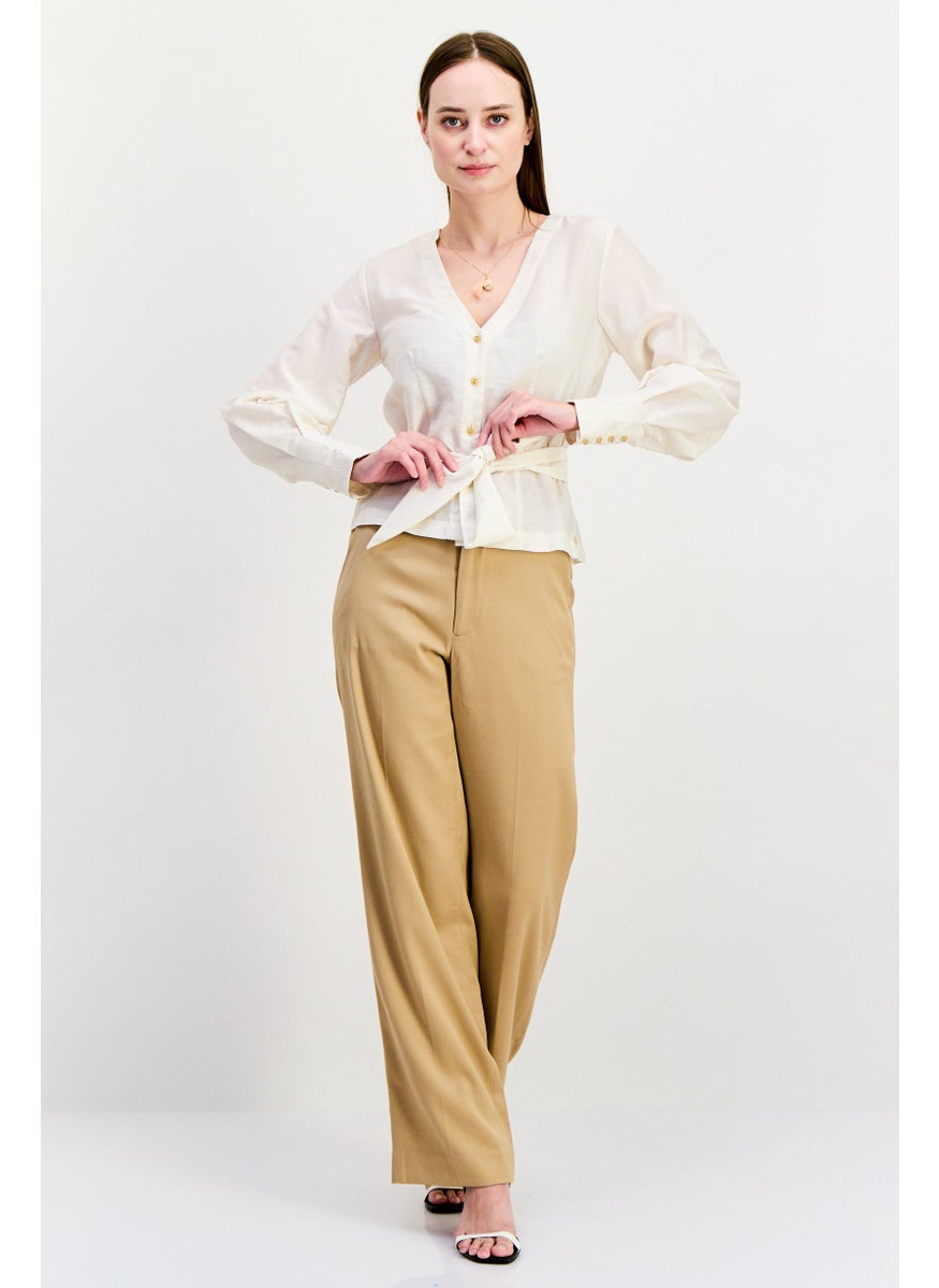 Scotch & Soda - Women V Neck Long Sleeve Textured Shirt, Beige - Image 1