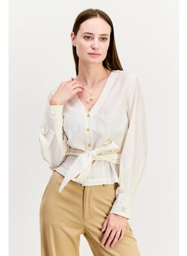 Women V Neck Long Sleeve Textured Shirt, Beige