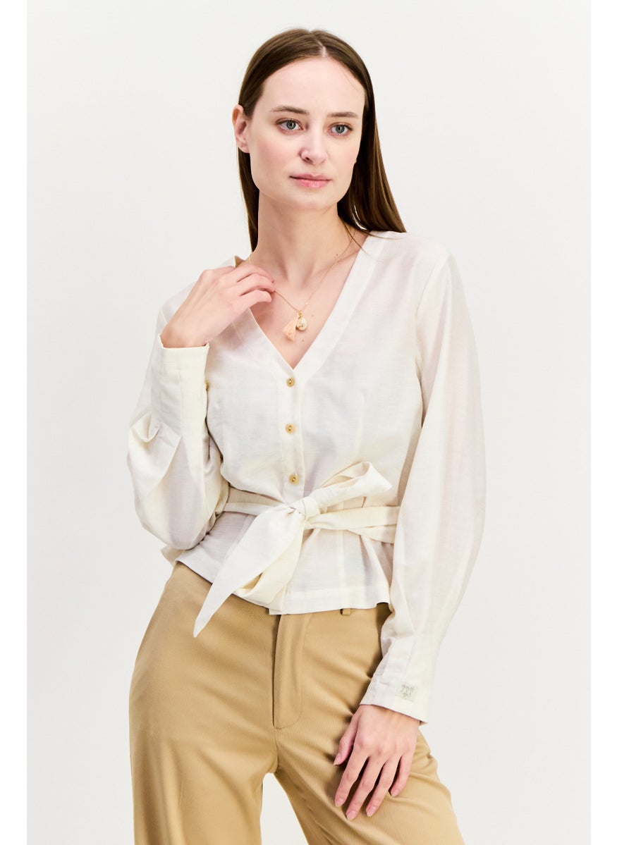 Scotch & Soda - Women V Neck Long Sleeve Textured Shirt, Beige - Image 1
