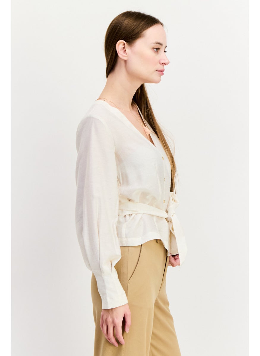 Scotch & Soda - Women V Neck Long Sleeve Textured Shirt, Beige - Image 1