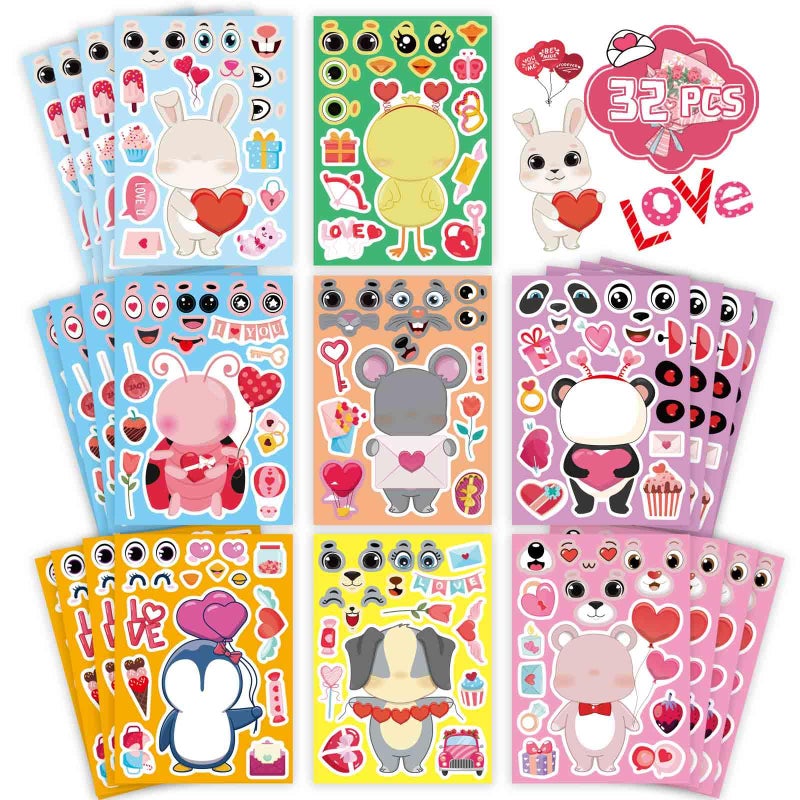 32 Sheets Valentine Stickers for Kids Valentines Crafts Heart Love Sticker Make a Face Stickers Make Your Own Animal Stickers Valentines Gifts for Kids Classroom Valentine Goodie Bags Party Favors
