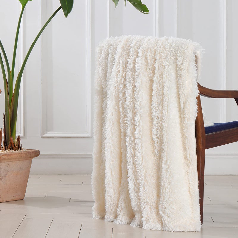 Tuddrom Decorative Extra Soft Fuzzy Faux Fur Throw Blanket 50" x 60",Solid Reversible Long Hair Shaggy Blanket,Fluffy Cozy Plush Comfy Microfiber Fleece Blankets for Couch Sofa Bedroom,Cream White - Image 5