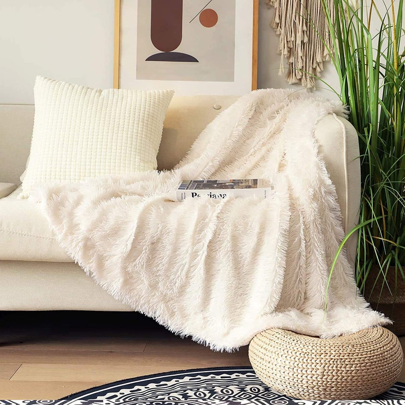 Tuddrom Decorative Extra Soft Fuzzy Faux Fur Throw Blanket 50" x 60",Solid Reversible Long Hair Shaggy Blanket,Fluffy Cozy Plush Comfy Microfiber Fleece Blankets for Couch Sofa Bedroom,Cream White - Image 2