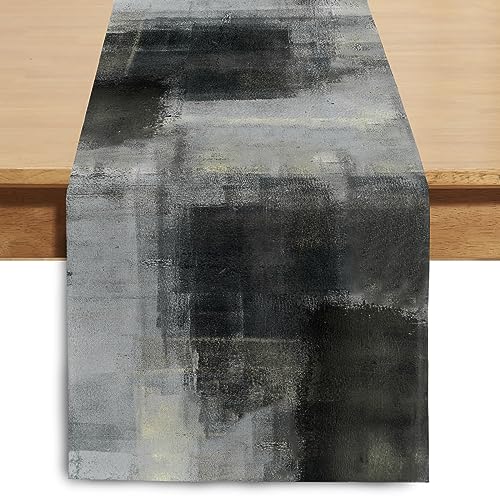 Winotic Black Grey Watercolor Table Runner 72 Inches Long, Art Abstract Modern Table Runners for Seasonal Decor Party Kitchen Dining Coffee Table Wedding Home, Machine Washable(13"x72", Black Grey) - Image 1