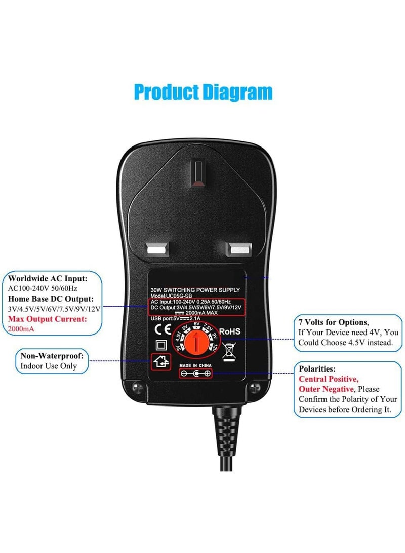 SOLARAE Universal 30W 3V 4.5V 5V 6V 7.5V 9V 12V AC/DC Adapter Switching Power Supply Charger PSU with 8 Selectable Adaptor Tips for 3V-12V Household Electronics and LED Strip - 2000mA Max - Image 5