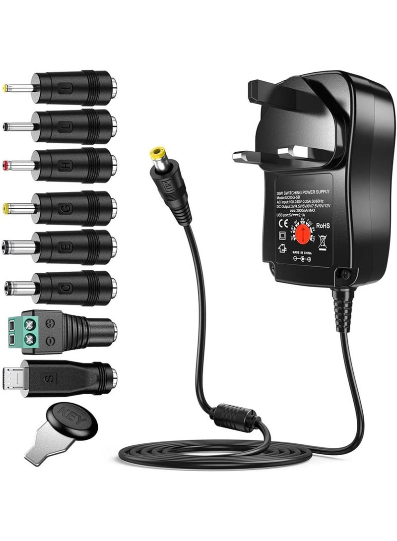 SOLARAE Universal 30W 3V 4.5V 5V 6V 7.5V 9V 12V AC/DC Adapter Switching Power Supply Charger PSU with 8 Selectable Adaptor Tips for 3V-12V Household Electronics and LED Strip - 2000mA Max - Image 1