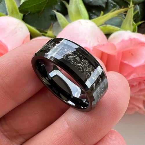 TUTISS 8mm Black Tungsten Rings for Men Women Meteorite Shavings Inlay Promise Engagement Wedding Bands Beveled Edges Polished Shiny Comfort Fit Size 13 - Image 2