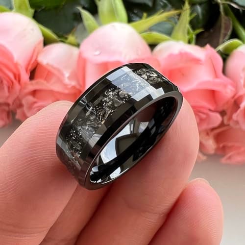 TUTISS 8mm Black Tungsten Rings for Men Women Meteorite Shavings Inlay Promise Engagement Wedding Bands Beveled Edges Polished Shiny Comfort Fit Size 13 - Image 4