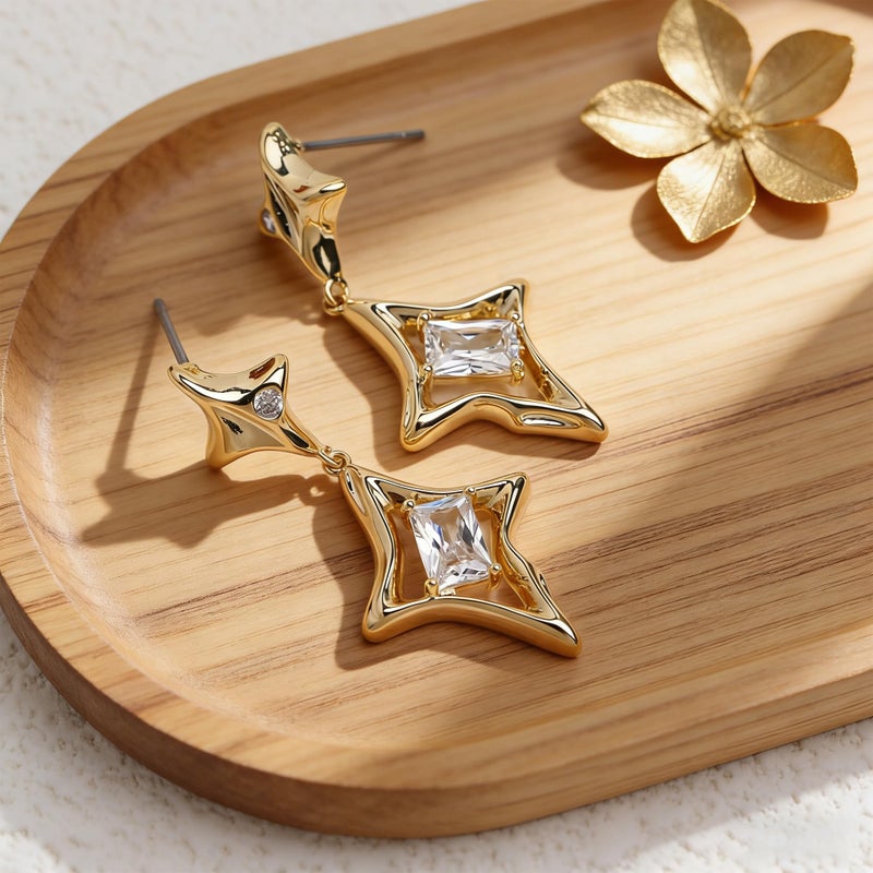 Sonateomber Gold Star Drop Dangle Earrings for Women Unique Sparkly Cubic Zirconia Rhinestone 4 Pointed Stars Dangling Hypoallergenic Stud Fashion Prom Jewelry Gift - Image 5