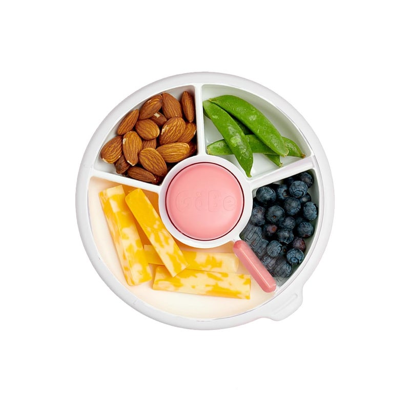 GoBe Kids Small Snack Spinner Slide Bundle with Hand Strap and Sticker Sheet - Reusable Snack Container with 5 Compartment Dispenser and Lid | BPA/PVC Free | Dishwasher Safe | No Spill - Coral Pink - Image 1