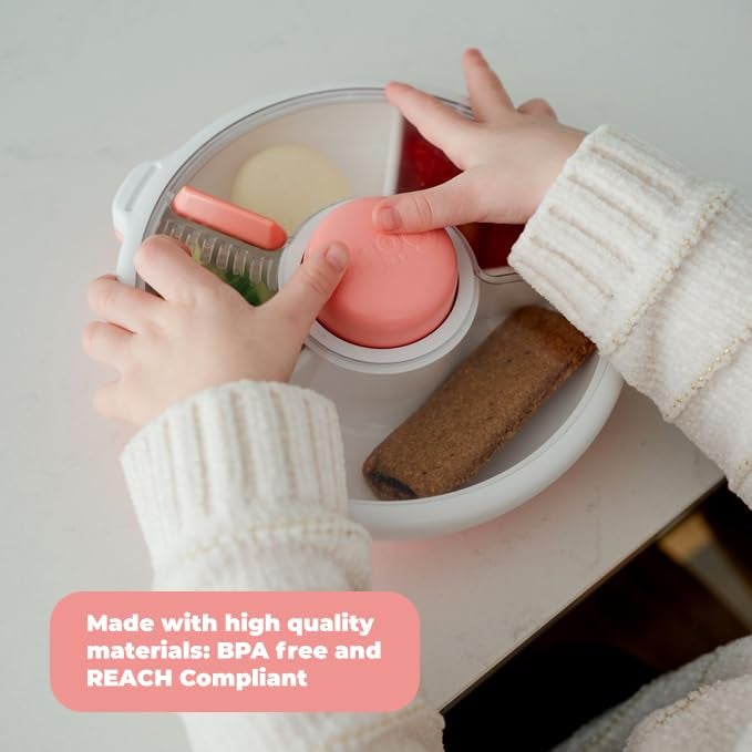 GoBe Kids Small Snack Spinner Slide Bundle with Hand Strap and Sticker Sheet - Reusable Snack Container with 5 Compartment Dispenser and Lid | BPA/PVC Free | Dishwasher Safe | No Spill - Coral Pink - Image 4