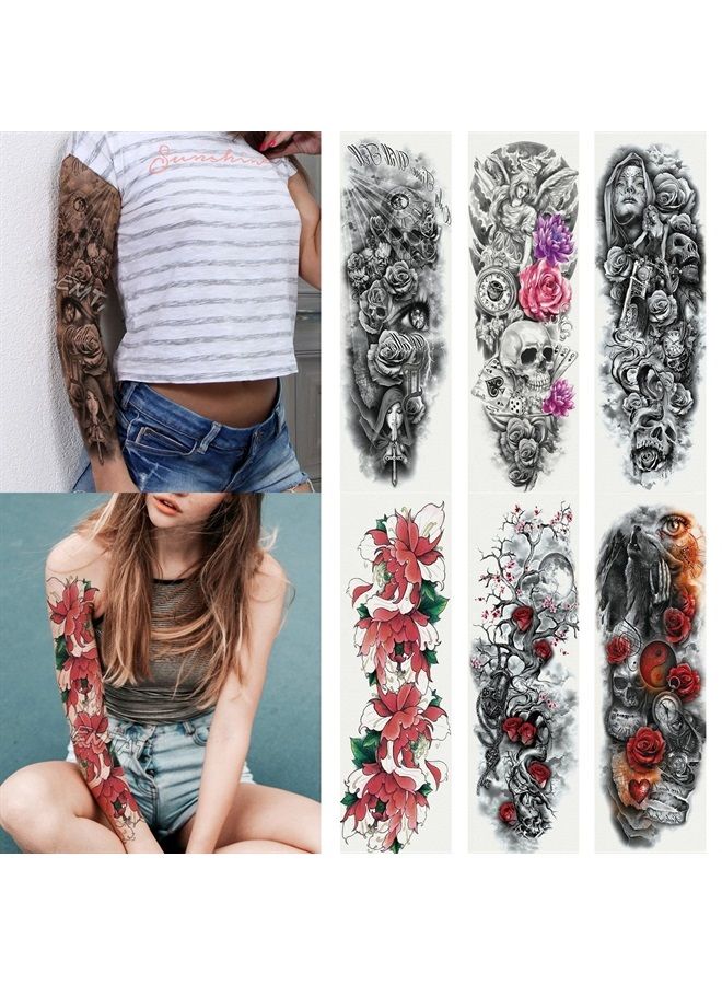 Kotbs 6 Sheets Full Arm Temporary Tattoo, Waterproof Extra Large Black Skull Rose Temporary Tattoos for Men and Women, Adults Body Art Tattoo Sticker Fake Tattoo - Image 1