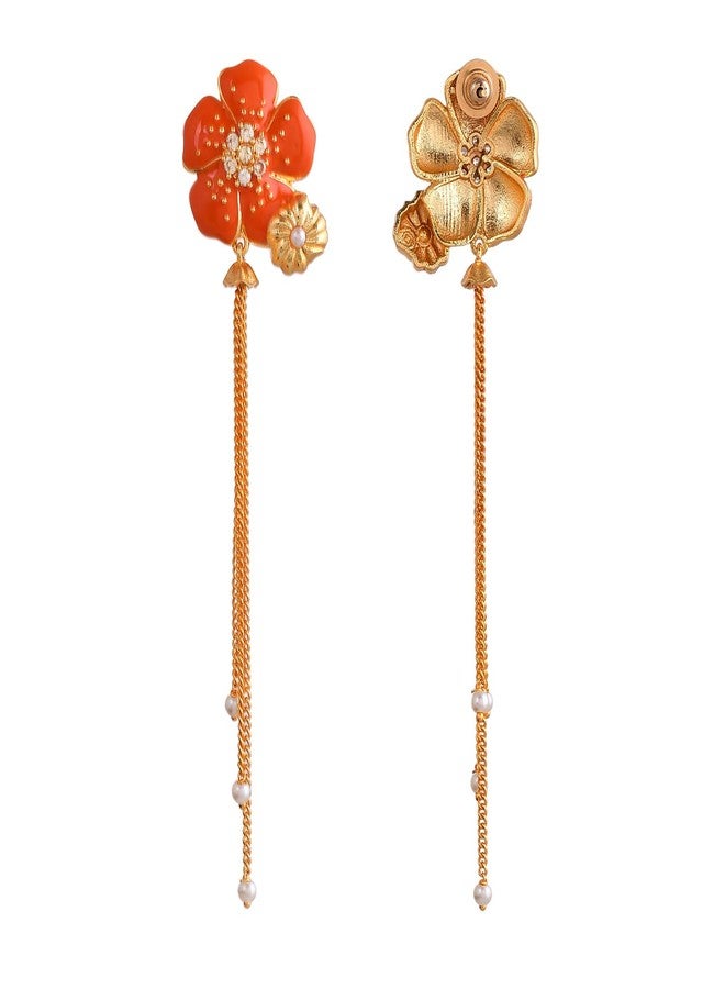 Voylla Flower Fantasy Golden Bloom Vermilion Dangler Earrings, Danglers For Women, Earrings For Women, Gift For Her, Floral, Summer - Image 5