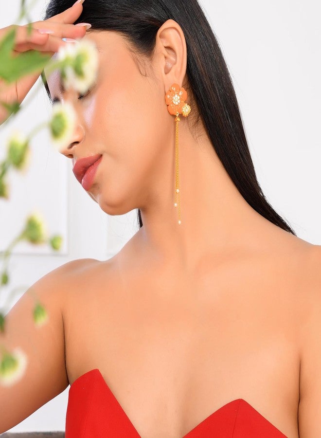 Voylla Flower Fantasy Golden Bloom Vermilion Dangler Earrings, Danglers For Women, Earrings For Women, Gift For Her, Floral, Summer - Image 3