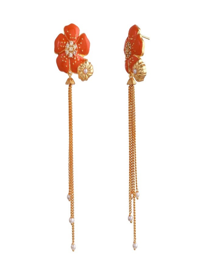 Voylla Flower Fantasy Golden Bloom Vermilion Dangler Earrings, Danglers For Women, Earrings For Women, Gift For Her, Floral, Summer - Image 1