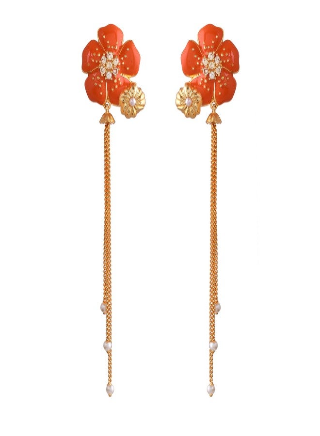 Voylla Flower Fantasy Golden Bloom Vermilion Dangler Earrings, Danglers For Women, Earrings For Women, Gift For Her, Floral, Summer - Image 4
