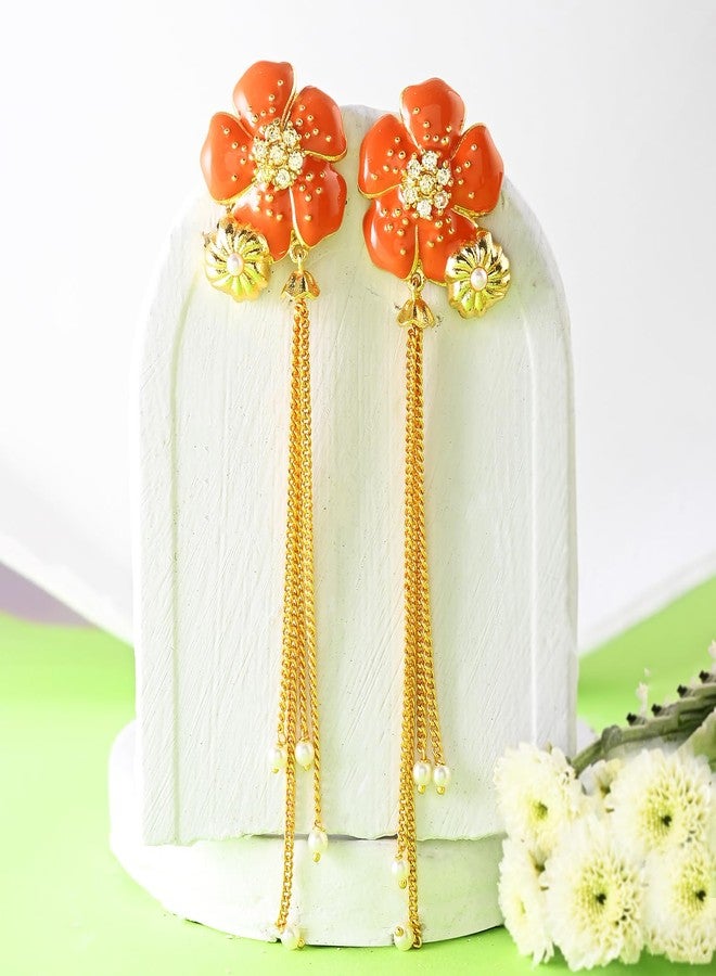Voylla Flower Fantasy Golden Bloom Vermilion Dangler Earrings, Danglers For Women, Earrings For Women, Gift For Her, Floral, Summer - Image 2