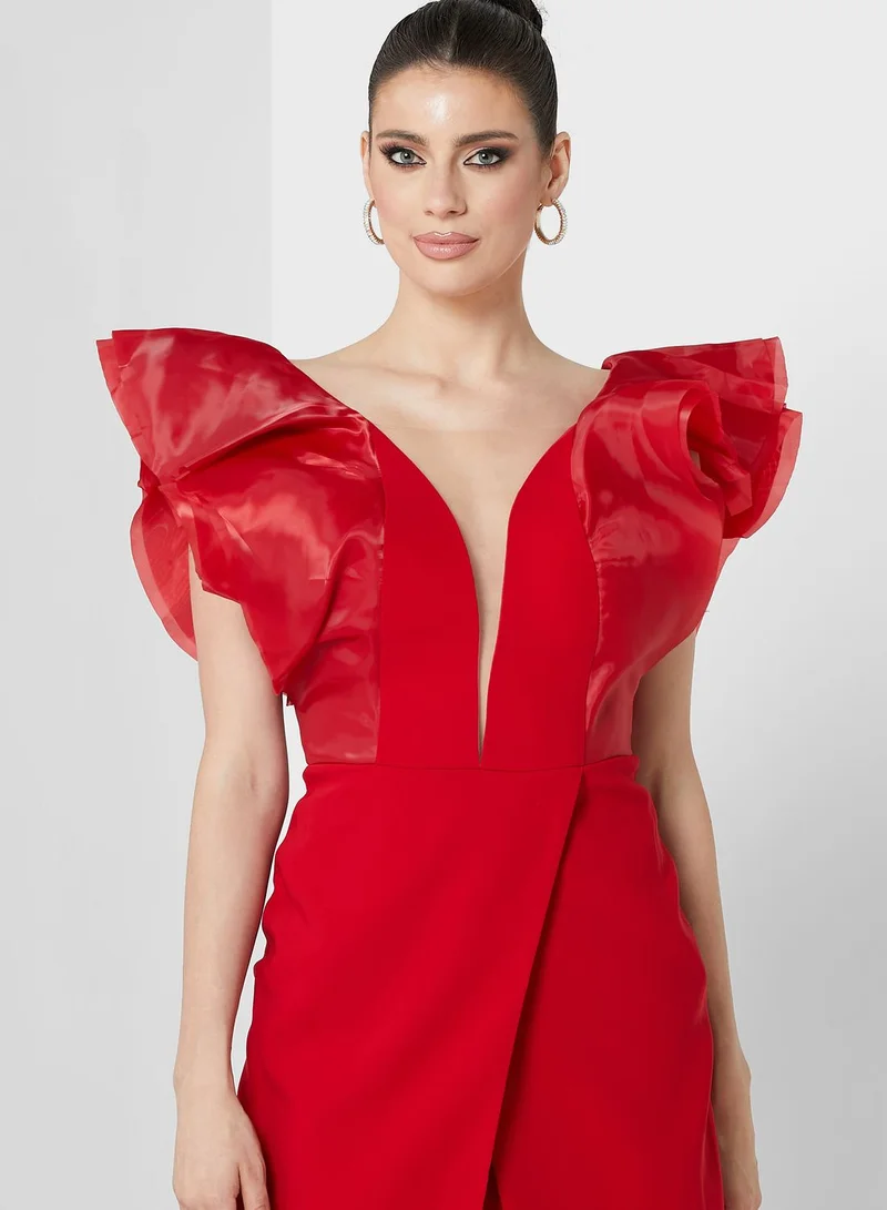 List Ruffle Sleeve Plunge Neck Front Slit Dress