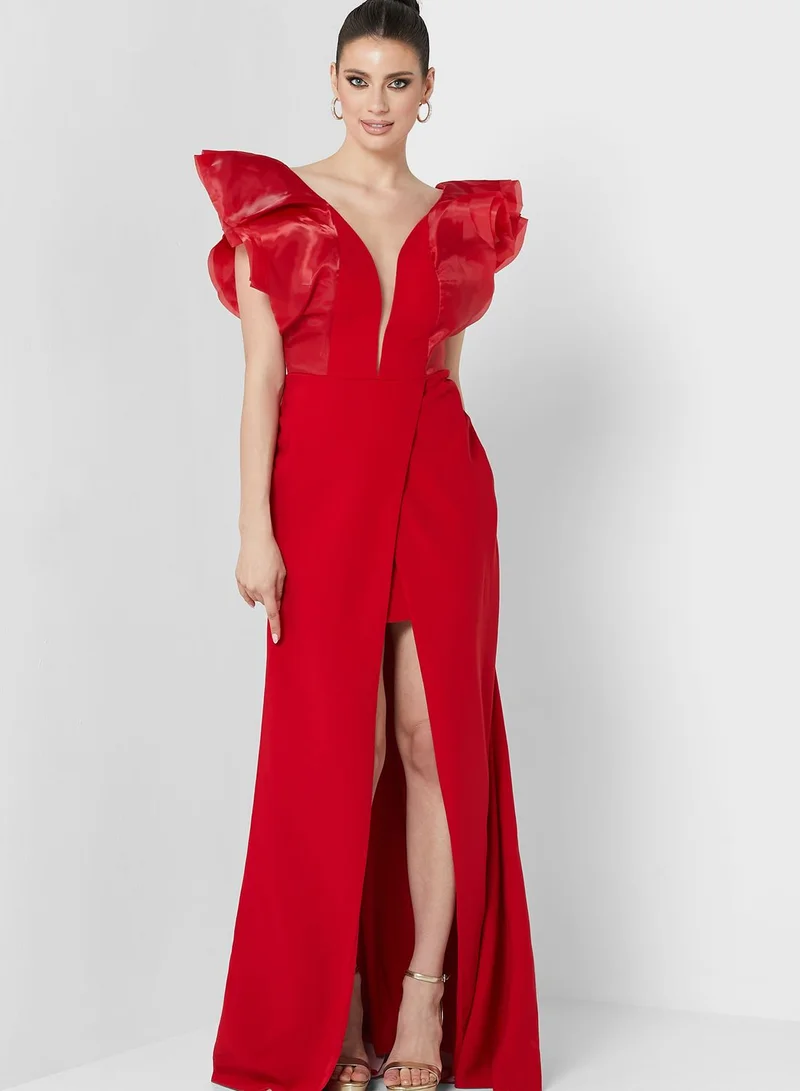 List Ruffle Sleeve Plunge Neck Front Slit Dress