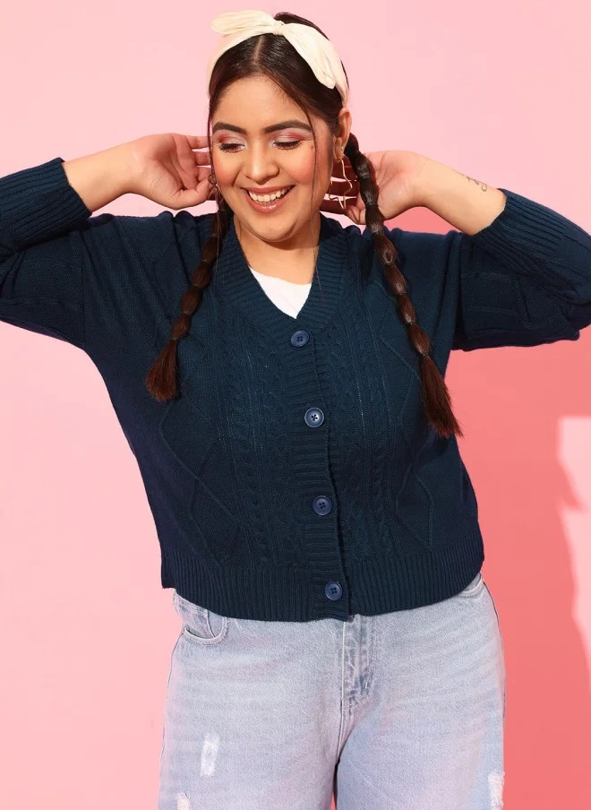 Navy Blue Cable Knit Cardigan for Women