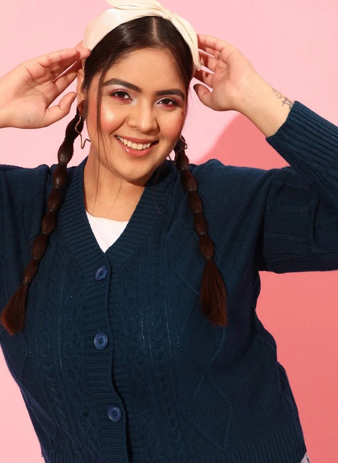 CURVY STREET Navy Blue Cable Knit Cardigan for Women