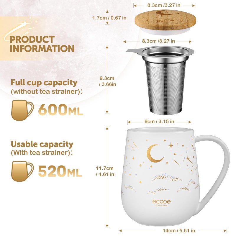 ecooe Large Tea Infuser Mug 20.3oz Ceramic Tea Cup with Removable Stainless Steel Infuser and Lid, 600ml Tea Mug for Loose Leaf Tea, New Home Gifts for Parents Friends Office (White) - Image 3