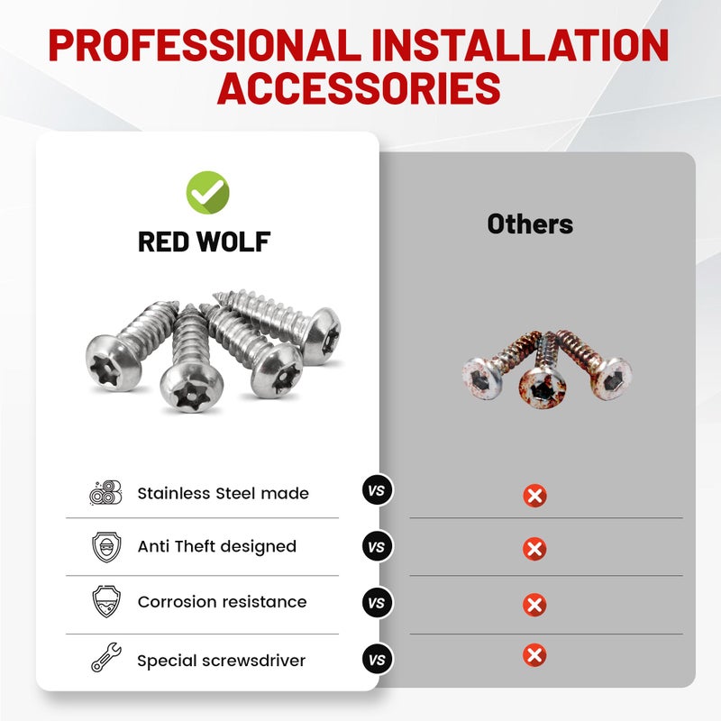 RED WOLF حامل إطار لوحة الترخيص الأمامية RED WOLF عالمي للسيارة والشاحنة والفان وSUV مع 6 براغي ومجموعة مفاتيح سوداء سهلة التركيب - Image 5